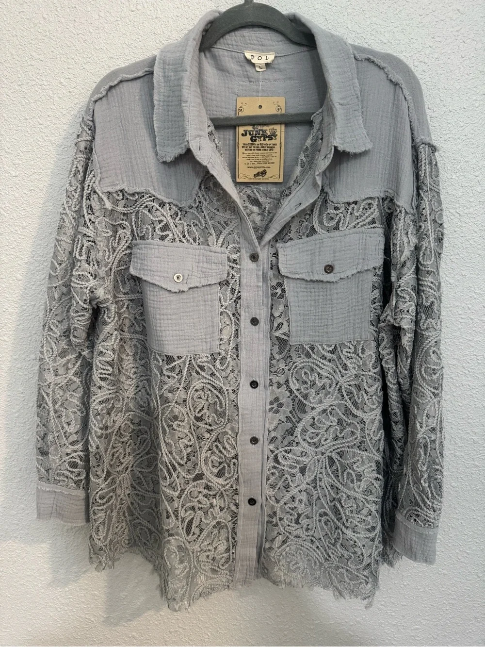 POL Powder Grey Lace-Overlay Button Shirt Jacket
